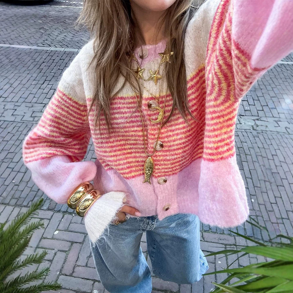 Women's Short Knit Cardigan made of Mohair Blend with Stripes, Button Placket and Balloon Sleeves Mune Fashion