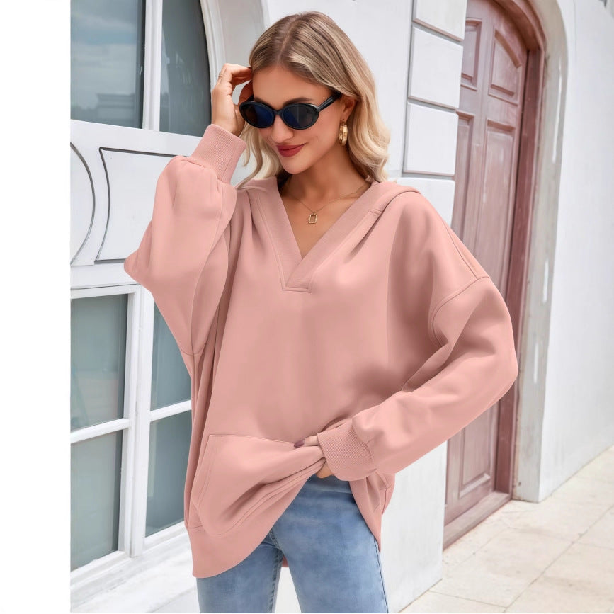 Women's Oversized V-Neck Hoodie with Hood, Kangaroo Pocket and Extended Hem Mune Fashion