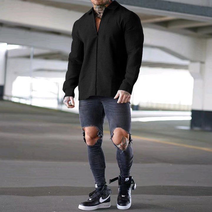 Men's structured zip shirt jacket made of waffle knit with Kent collar and slim silhouette Mune Fashion
