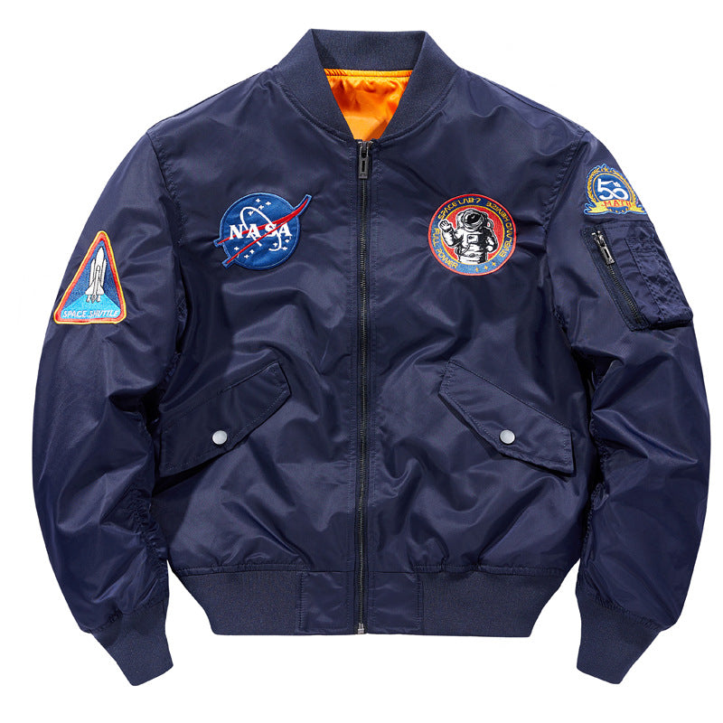 Men's  nylon flight-style bomber with embroidered space patches and contrast orange lining Mune Fashion