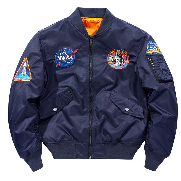 Men's  nylon flight-style bomber with embroidered space patches and contrast orange lining Mune Fashion