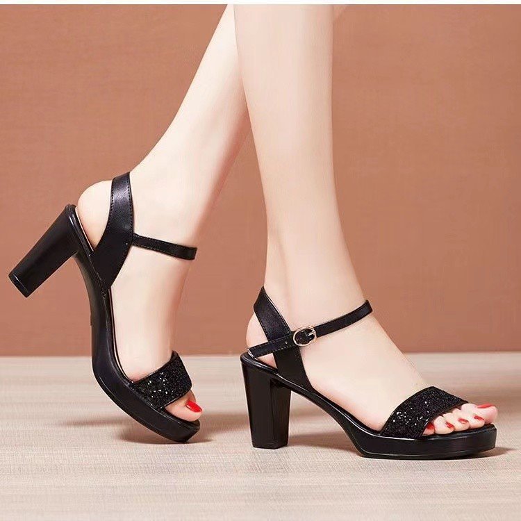 Women's Glitter T-Strap Sandals with Platform Effect and Stable Block Heel Mune Fashion