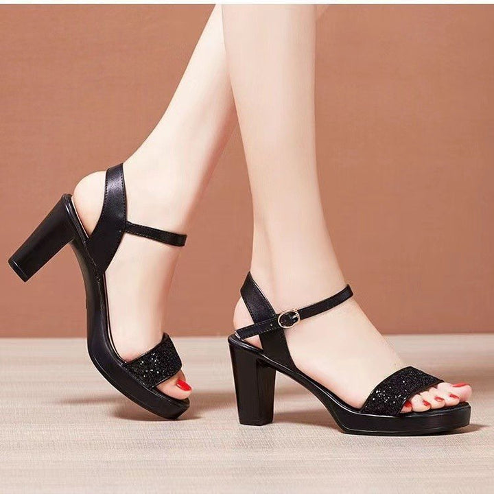 Women's Glitter T-Strap Sandals with Platform Effect and Stable Block Heel Mune Fashion