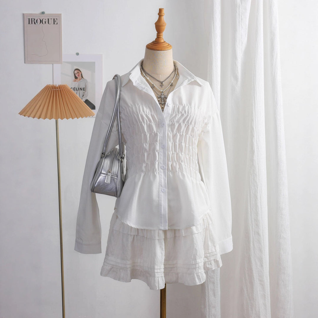 Women's tailored shirt blouse with gathered bust area and peplum Mune Fashion