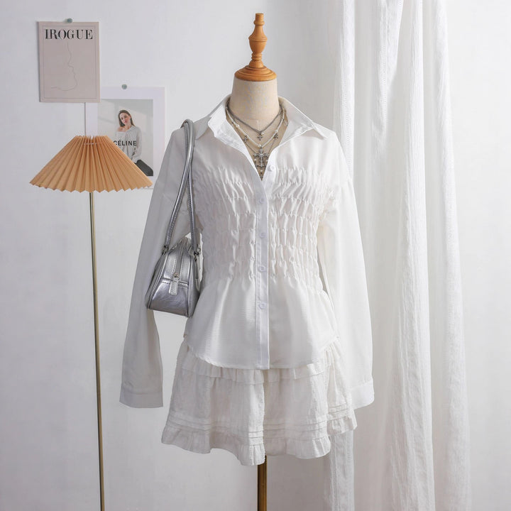 Women's tailored shirt blouse with gathered bust area and peplum Mune Fashion