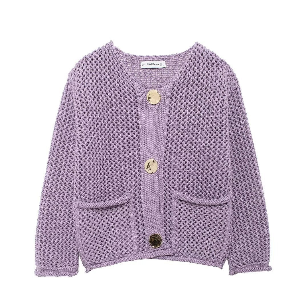 Women's cardigan with open mesh structure, decorative buttons and patch pockets Mune Fashion