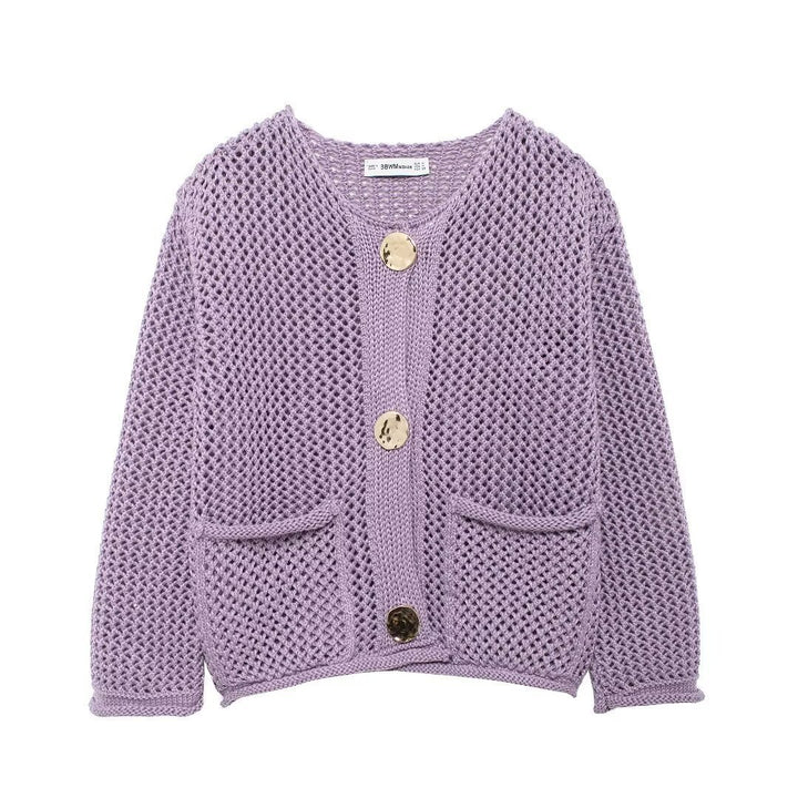 Women's cardigan with open mesh structure, decorative buttons and patch pockets Mune Fashion