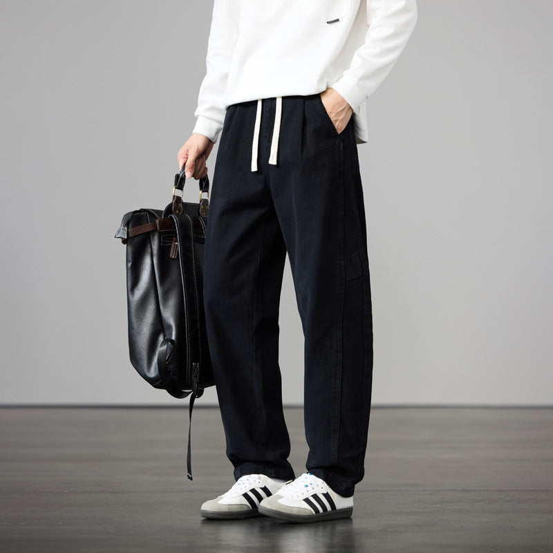Men's Loose Cotton Canvas Cargo Pants with Drawstring Waist and Multiple Pockets Mune Fashion