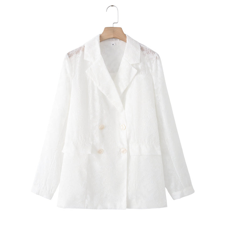 Women na tailored double-breasted blazer with floral jacquard and patch pockets Mune Fashion