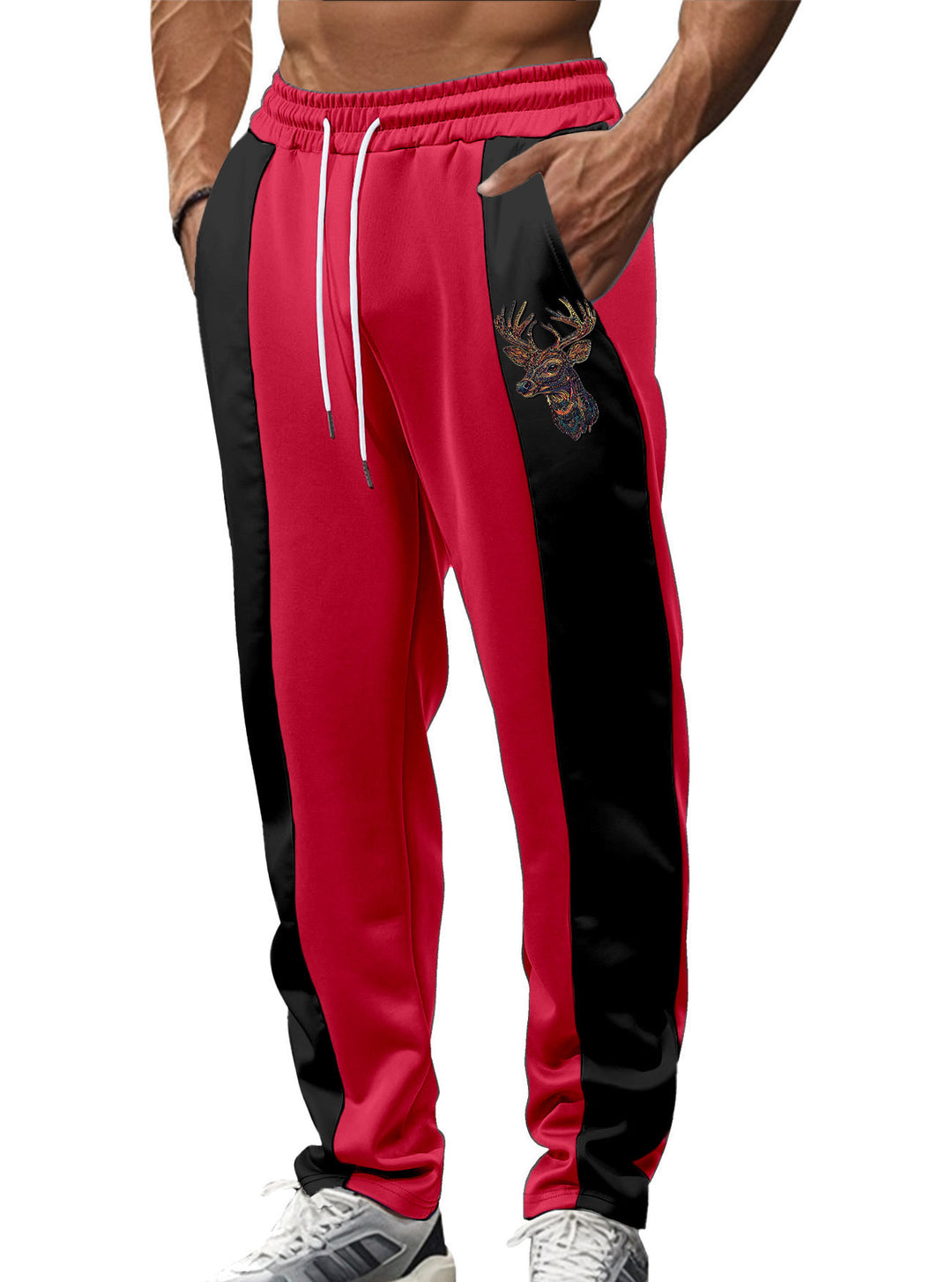 Men's sporty track pants with side contrast stripes, elastic waistband, drawstring, and deer embroidery Mune Fashion