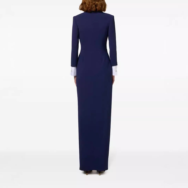 Women's Slim Smoking Blazer Dress in Maxi Length with Satin Lapels and Wrap Look Mune Fashion