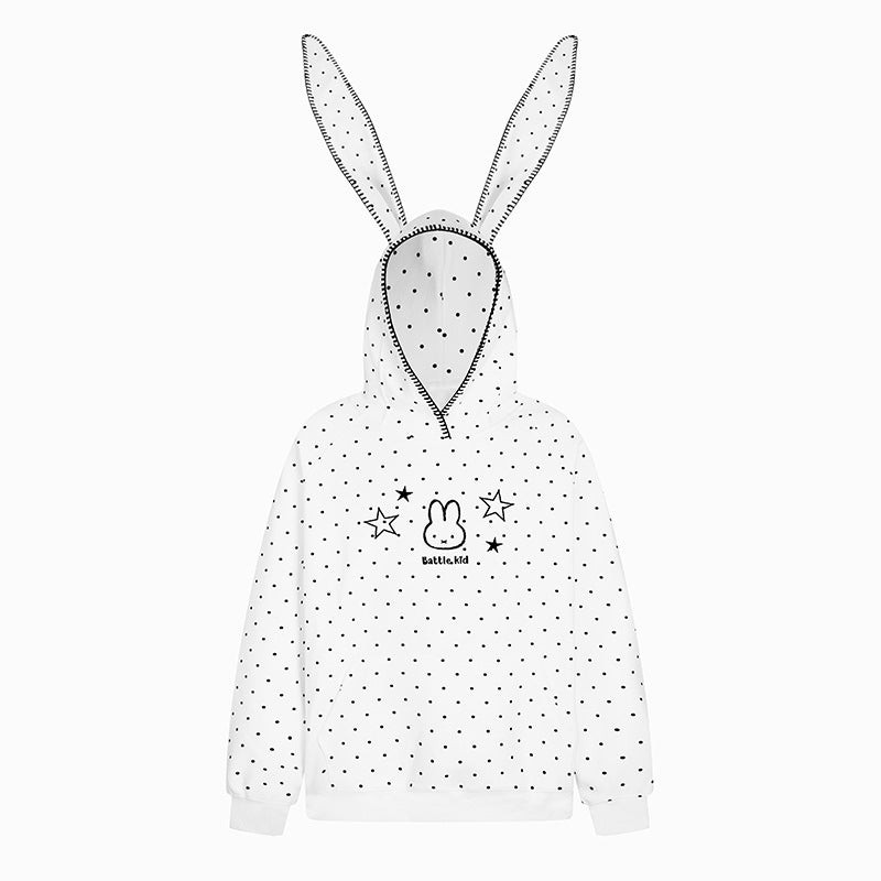 Women's Oversized Hoodie with Bunny Ears, Polka Dot Allover and Kangaroo Pocket