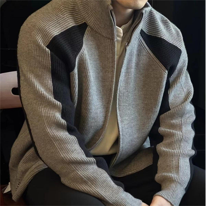 Men's knit zip jacket with contrast panels, stand-up collar and distinctive ribbed texture Mune Fashion