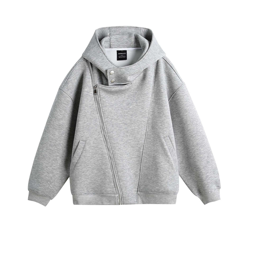 Unisex Oversize Hooded Zip Jacket with Asymmetrical Zip and High Funnel Collar Mune Fashion