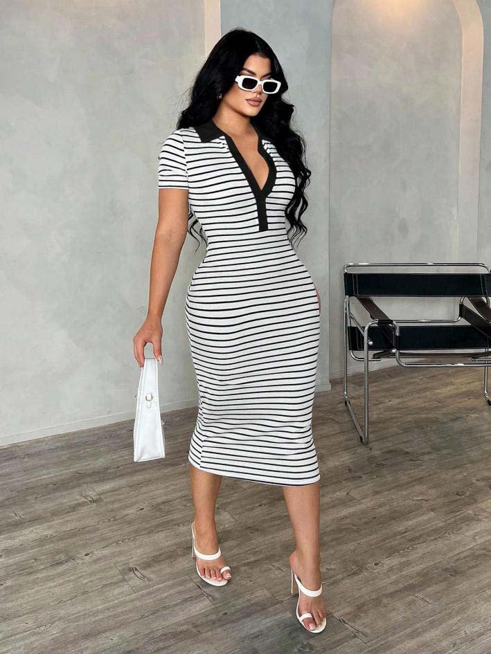Women's Fitted Polo Dress in Stripe Look made of Rib Knit with Short Sleeves Mune Fashion