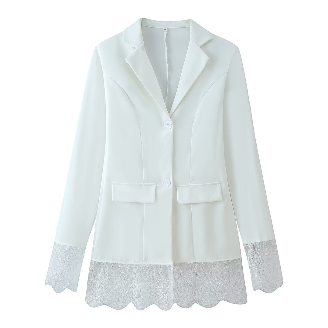 Women Tailored Single-Breasted Blazer with Lace Hem and Lace Cuffs Mune Fashion