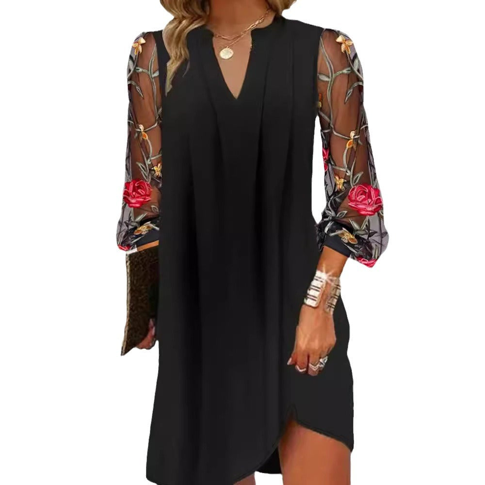 Ladies A-line dress with embroidered transparent sleeves and V-neck Mune Fashion