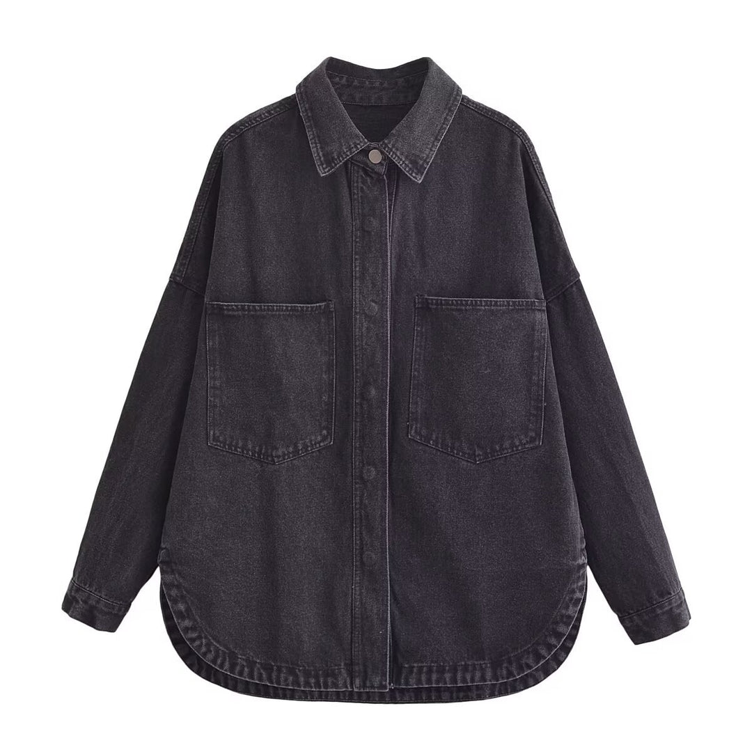 Women's oversized denim shirt with patch chest pockets, lightweight cotton denim, and rounded hem Mune Fashion