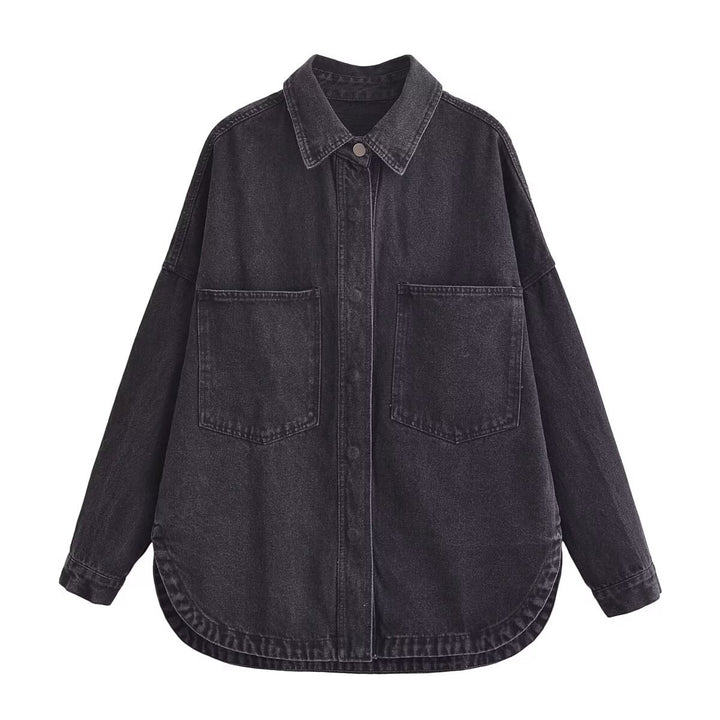 Women's oversized denim shirt with patch chest pockets, lightweight cotton denim, and rounded hem Mune Fashion