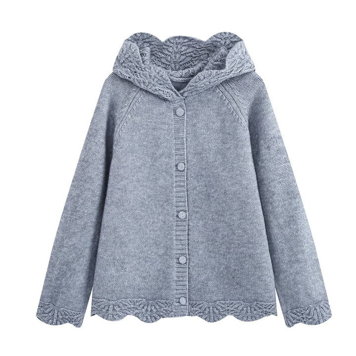 Women's fine knit cardigan with hood, button placket and crocheted trim Mune Fashion