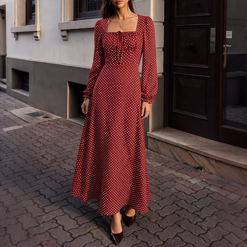 Women’s Retro Maxi Dress with Square Neckline, Ruched Bust Area and Long Sleeves Mune Fashion