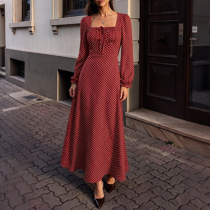 Women’s Retro Maxi Dress with Square Neckline, Ruched Bust Area and Long Sleeves Mune Fashion