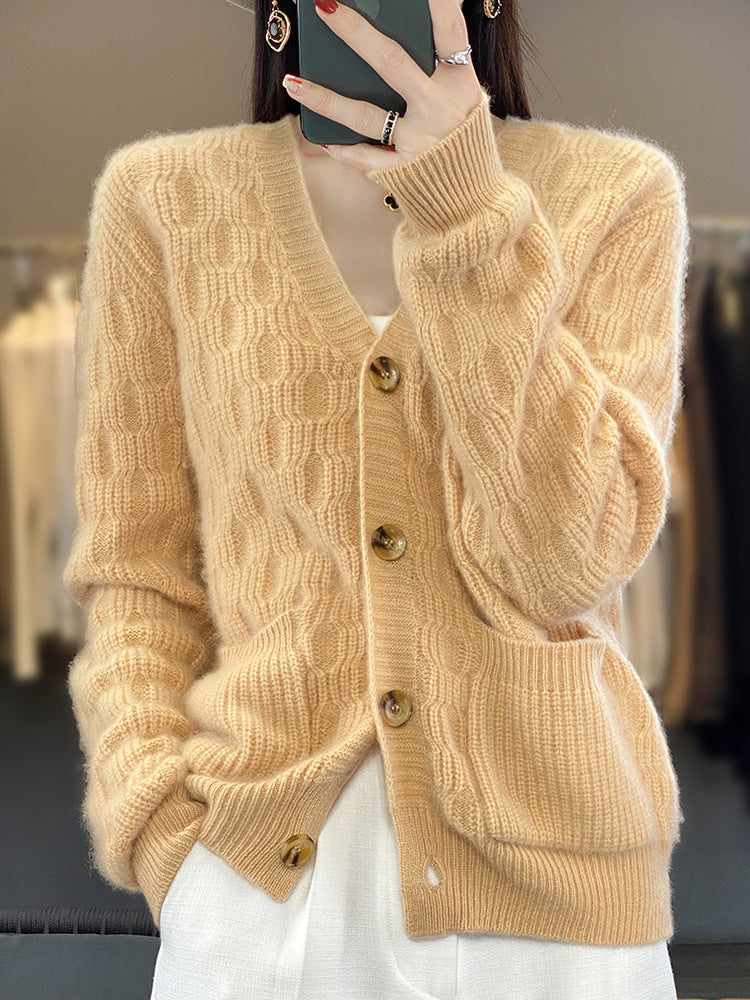 Women's Soft Angora-Look Cable Knit Cardigan with V-Neck and Patch Pockets Mune Fashion