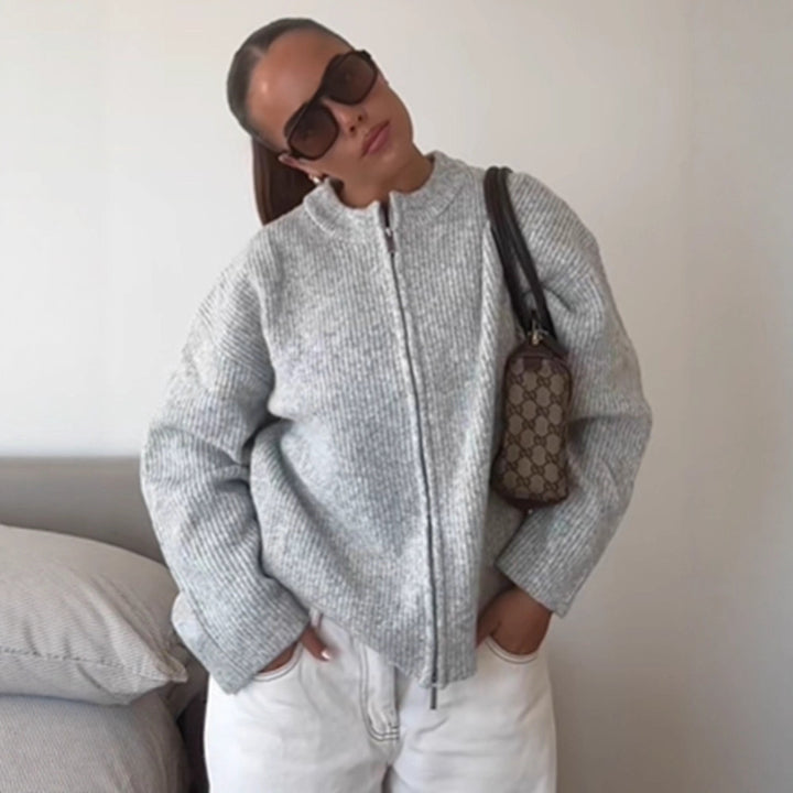 Women's Chunky Knit Zipper Cardigan with Oversized Cut Mune Fashion
