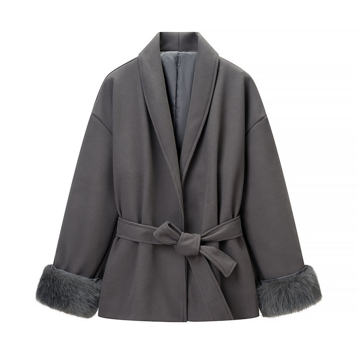Women’s Wrap Coat with Tie Belt and Fur Trim on the Sleeves Mune Fashion