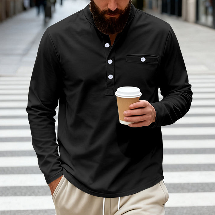 Men's long-sleeved Henley shirt with stand-up collar, breast pocket, and decorative button placket Mune Fashion