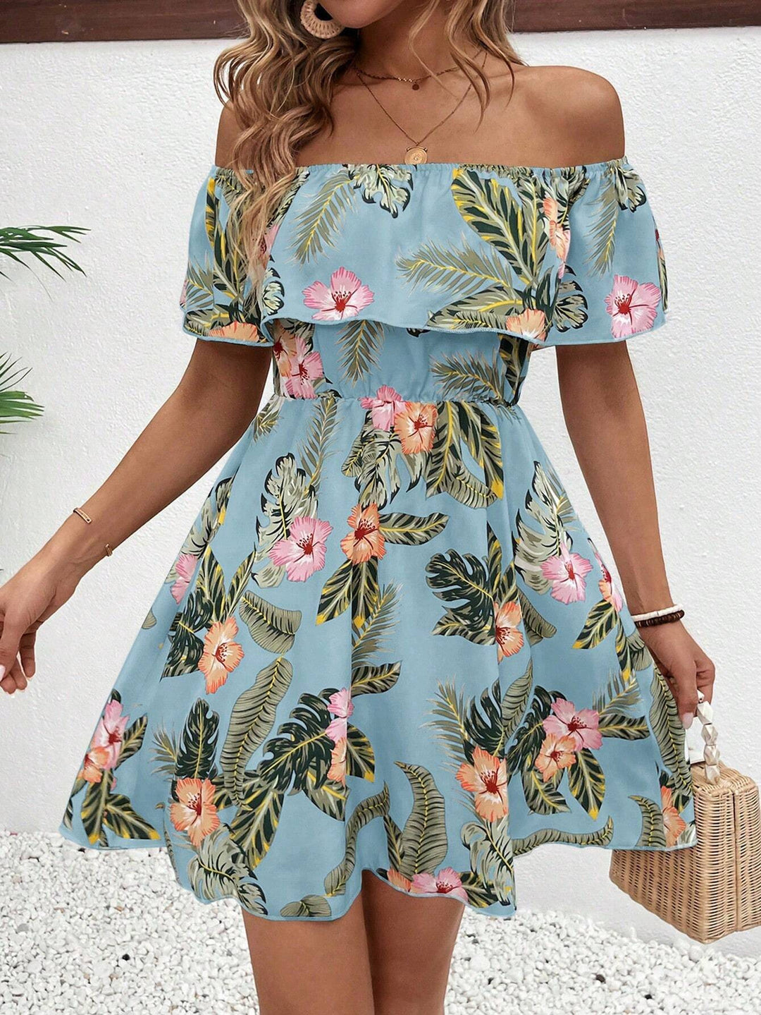 Women's off-shoulder midi dress with ruffle top, elastic waistline, and flared A-line skirt Mune Fashion