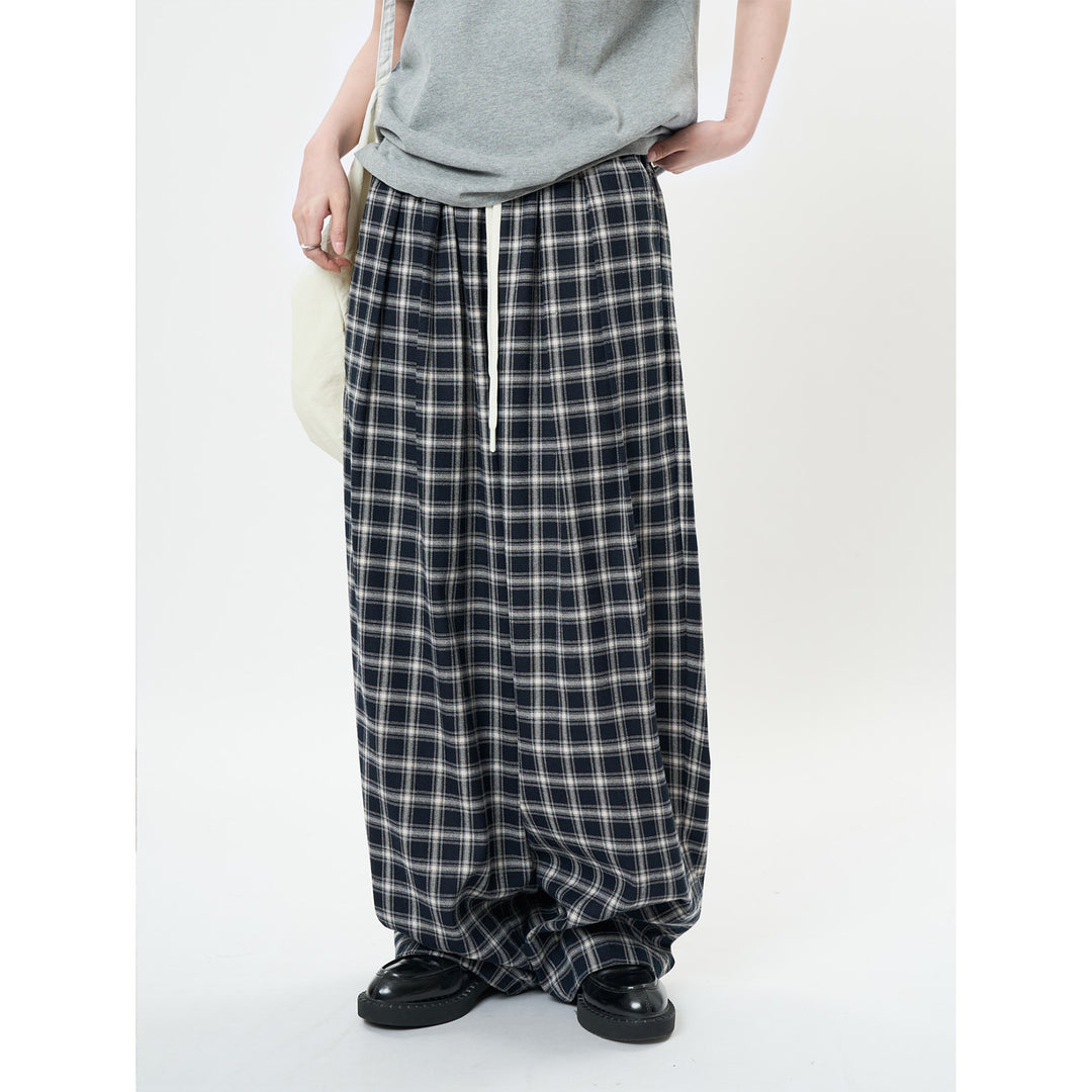 Ladies Wide Checkered High-Waist Baggy Pants with Drawstring Mune Fashion
