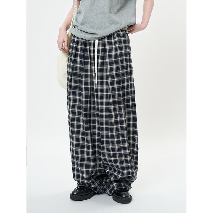 Ladies Wide Checkered High-Waist Baggy Pants with Drawstring Mune Fashion