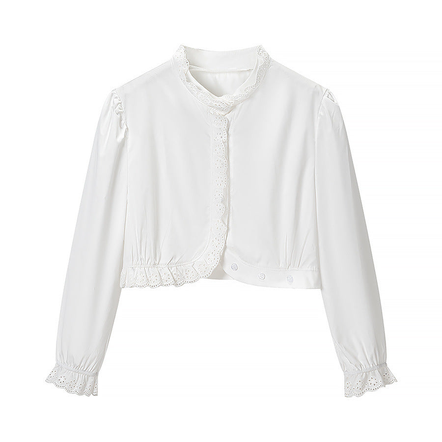 Women’s short blouse with embroidery anglaise trim, standing collar, and gathered waist Mune Fashion