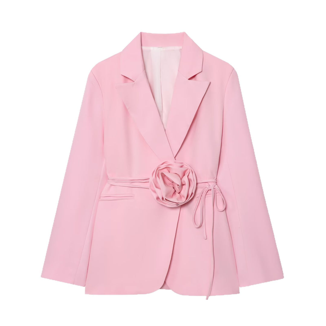 Women's Tailored Blazer with Decorative Rose Belt and Revers Collar Mune Fashion
