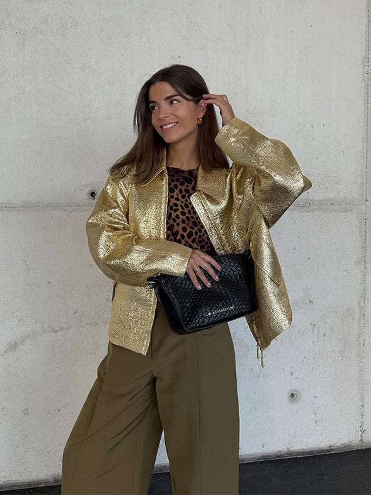 Women Short Textured Metallic Bomber Jacket with Boxy Silhouette Mune Fashion