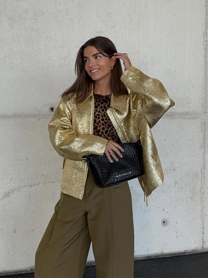 Women Short Textured Metallic Bomber Jacket with Boxy Silhouette Mune Fashion