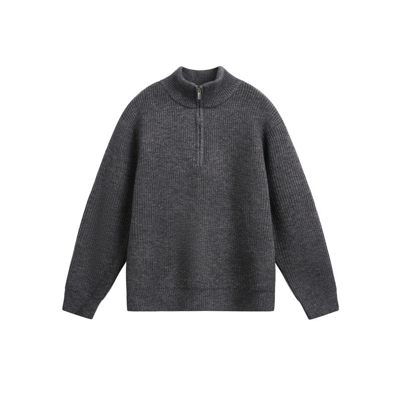 Unisex chunky knit pullover with half zipper and stand-up collar Mune Fashion