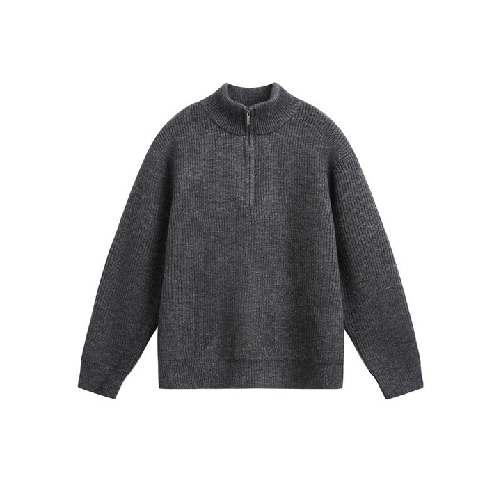 Unisex chunky knit pullover with half zipper and stand-up collar Mune Fashion