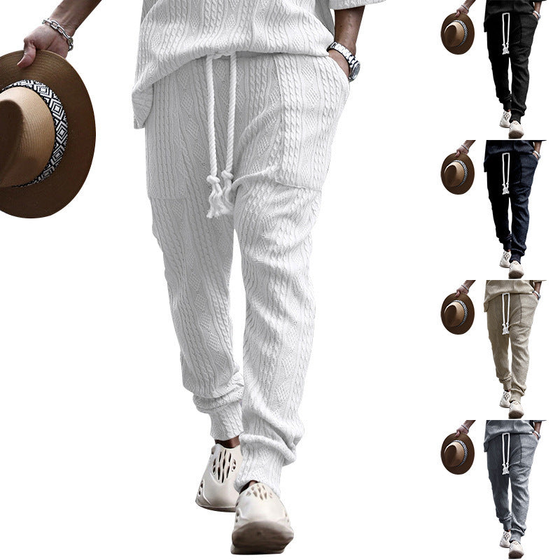 Men's Structured Knit Jogging Pants with Drawstring, Decorative Cord & Elastic Ankle Cuffs Mune Fashion