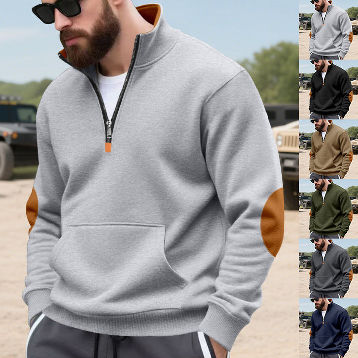 Men's Nano Insulated Half-Zip Pullover with Stand-Up Collar Fleece Lining Kangaroo Pocket and Suede Elbow Patches Mune Fashion