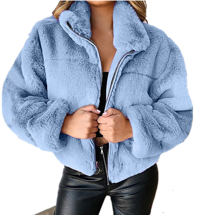 Women nan short cozy faux fur jacket with stand-up collar and zipper Mune Fashion