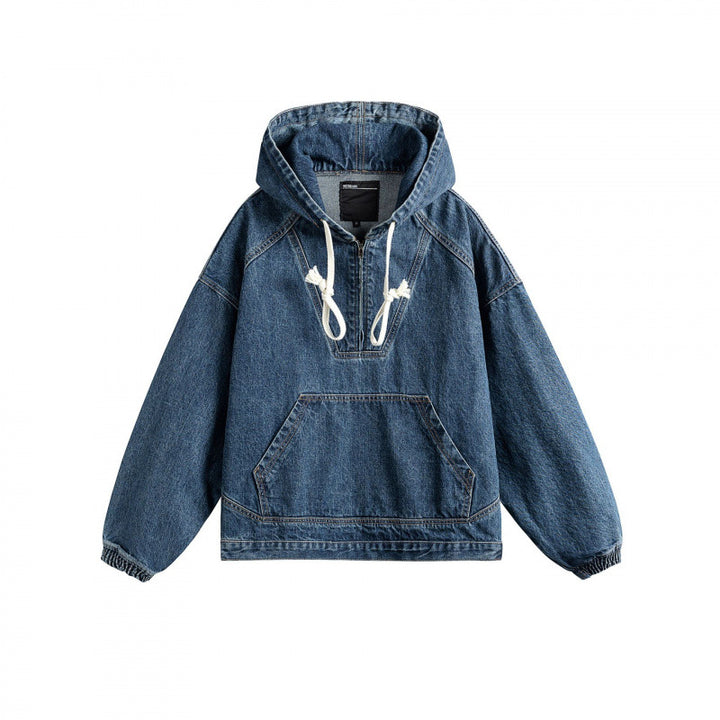Unisex Oversize Denim Hoodie with Kangaroo Pocket and Half Zipper Mune Fashion