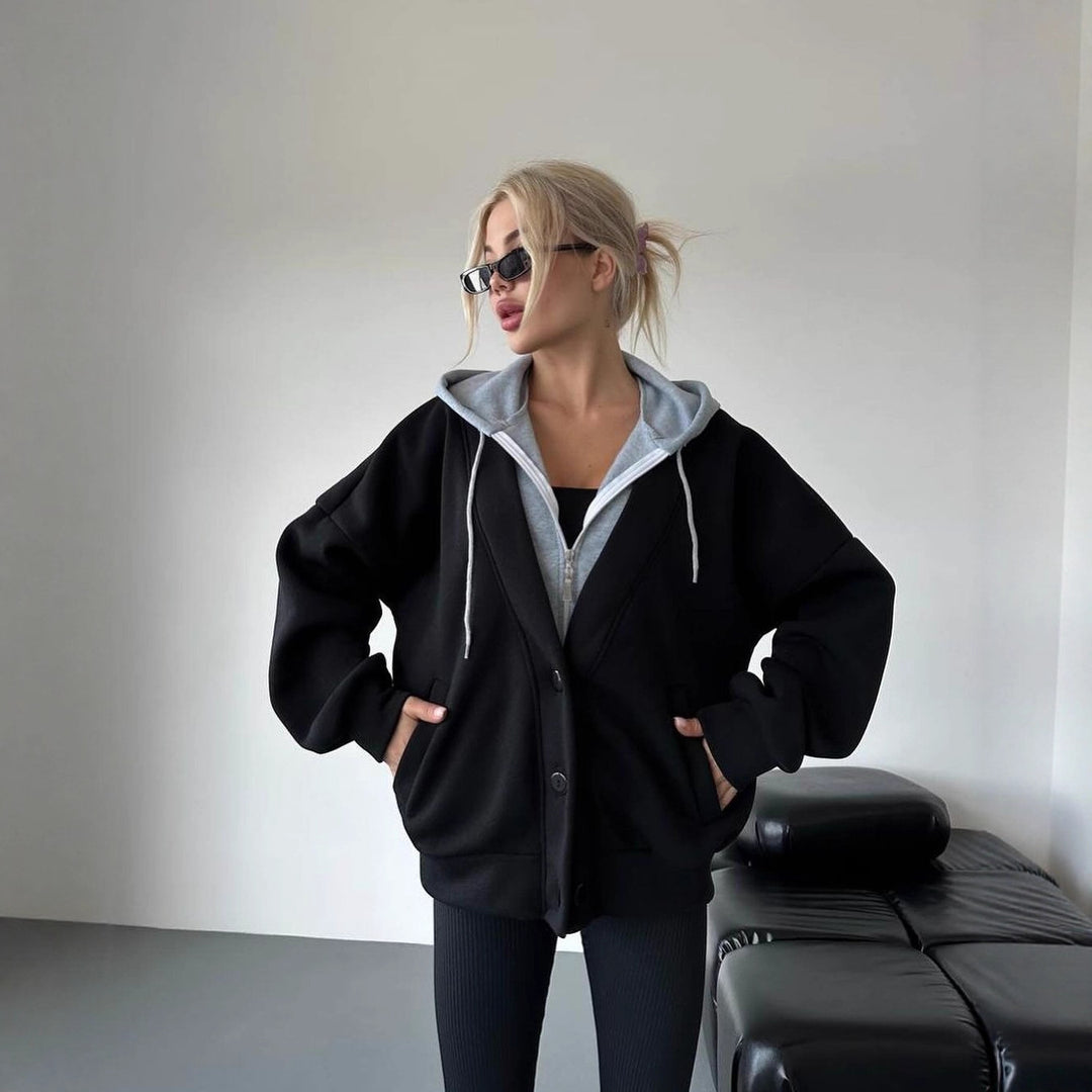 Women Oversized Hooded Jacket with Snap Button Closure and Side Pockets Mune Fashion