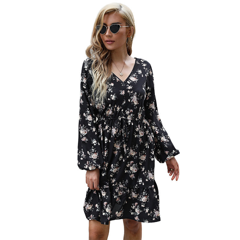 Women's Casual Tiered Midi Dress with V-Neck, Drawstring Waist and Long Ruffled Sleeves Mune Fashion