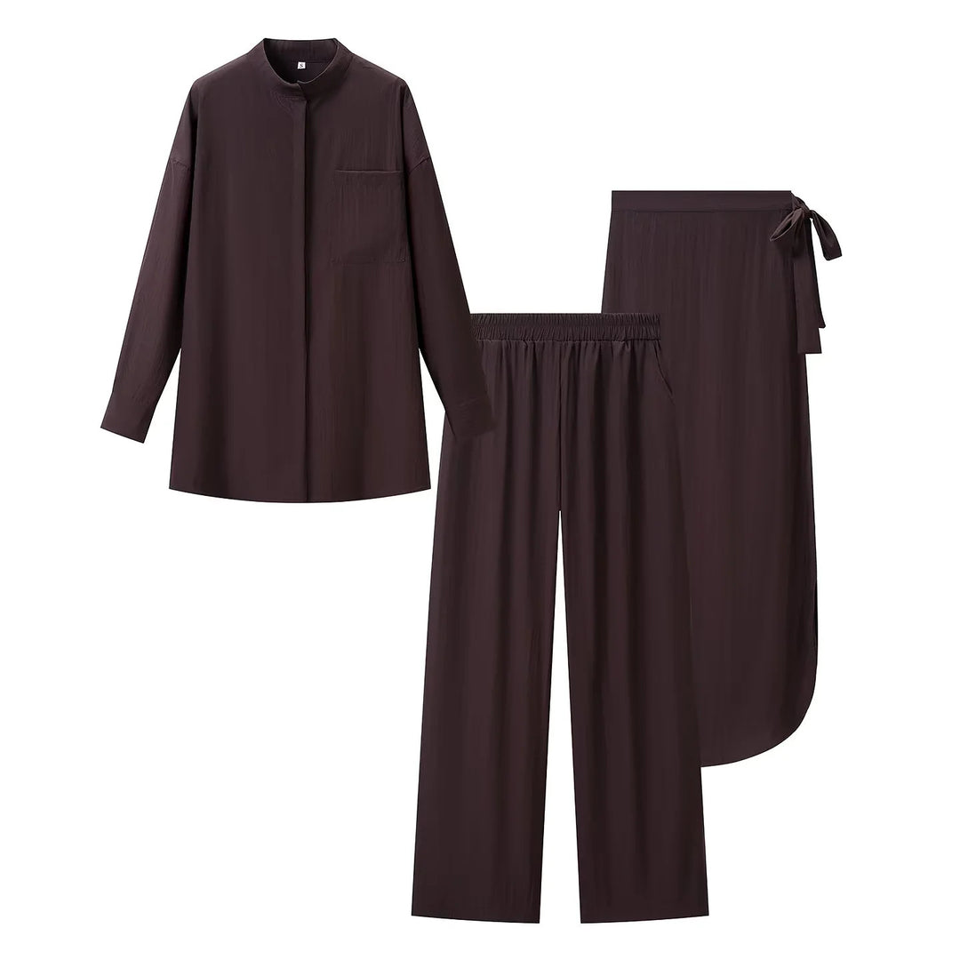 Ladies nan luxurious lounge three-piece set with oversized shirt, elastic waistband pants, and wrap skirt Mune Fashion