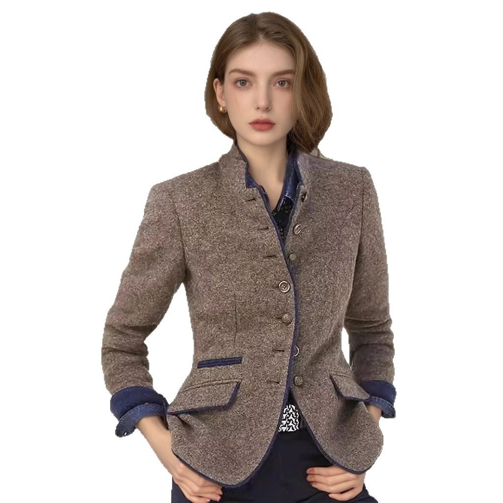 Women's Short Blazer with Stand Collar and Velvet Trim Mune Fashion