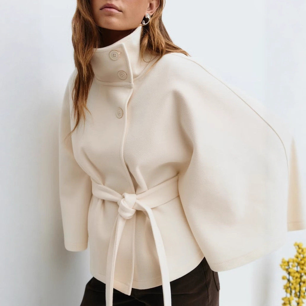 Women's stylish short cape coat with stand-up collar and tie belt Mune Fashion