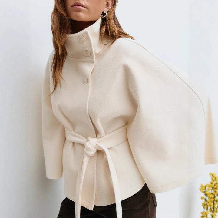 Women's stylish short cape coat with stand-up collar and tie belt Mune Fashion