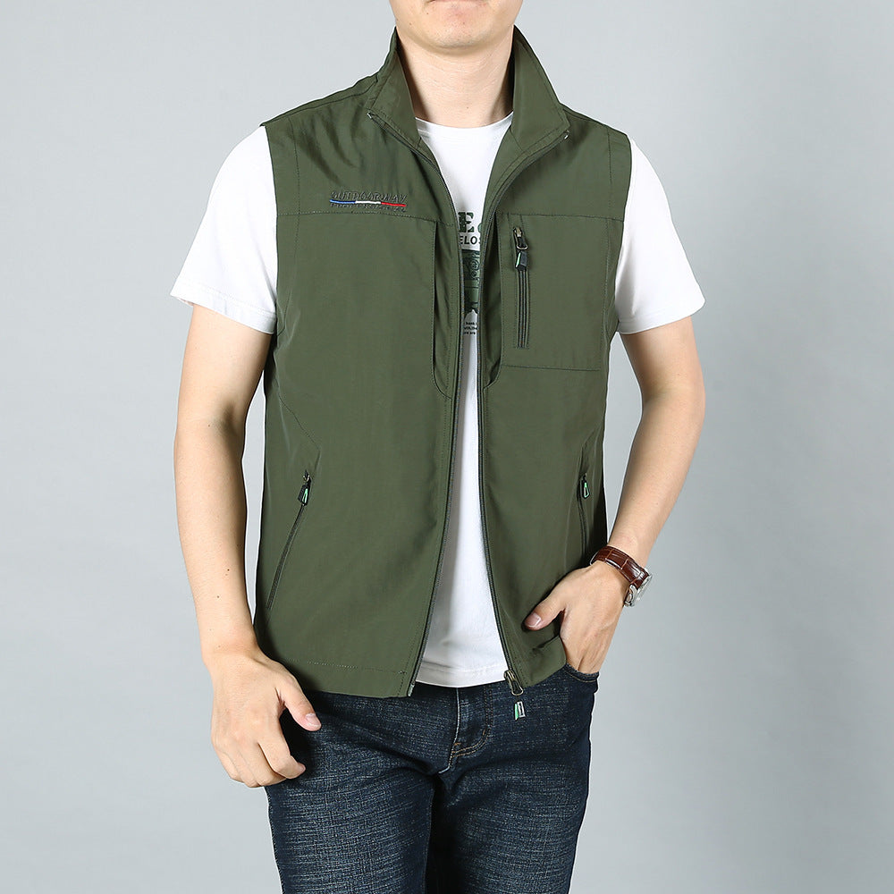 Men's Lightweight Utility Vest with Zipper Pockets and Stand Collar Mune Fashion